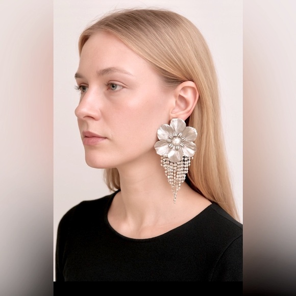 Bold Silver Tone Metal Floral Statement Earrings with Rhinestones - Picture 1 of 3